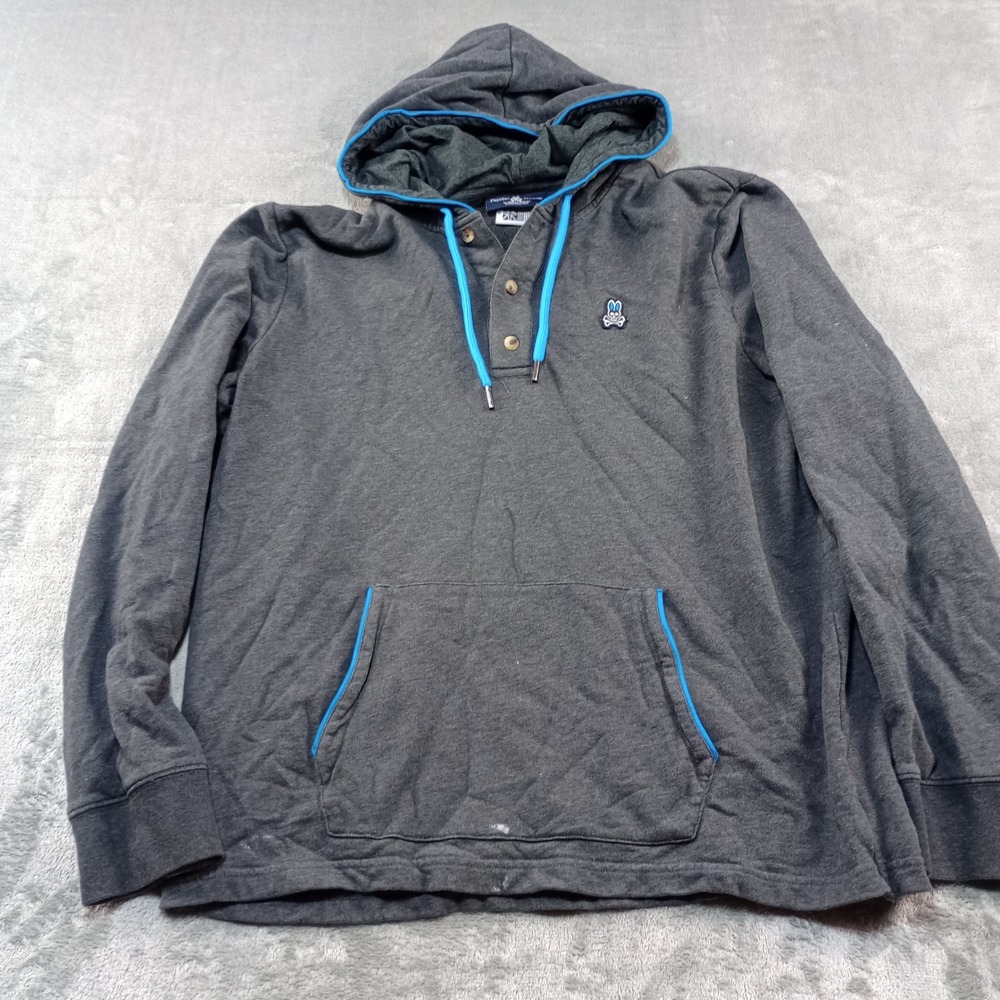 Psycho Bunny Henley Hoodie Mens 6 XL Grey Blue Trim Cotton Pullover Streetwear
